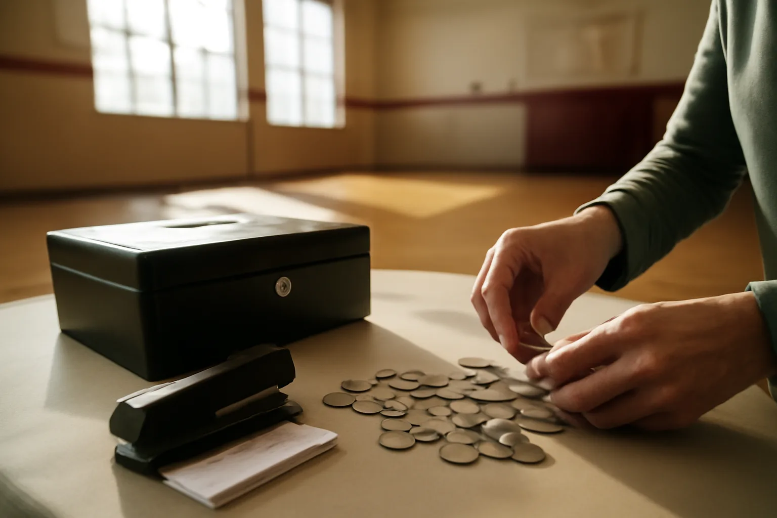 Volunteer treasurer counting cash and receipts at a booster club fundraiser table