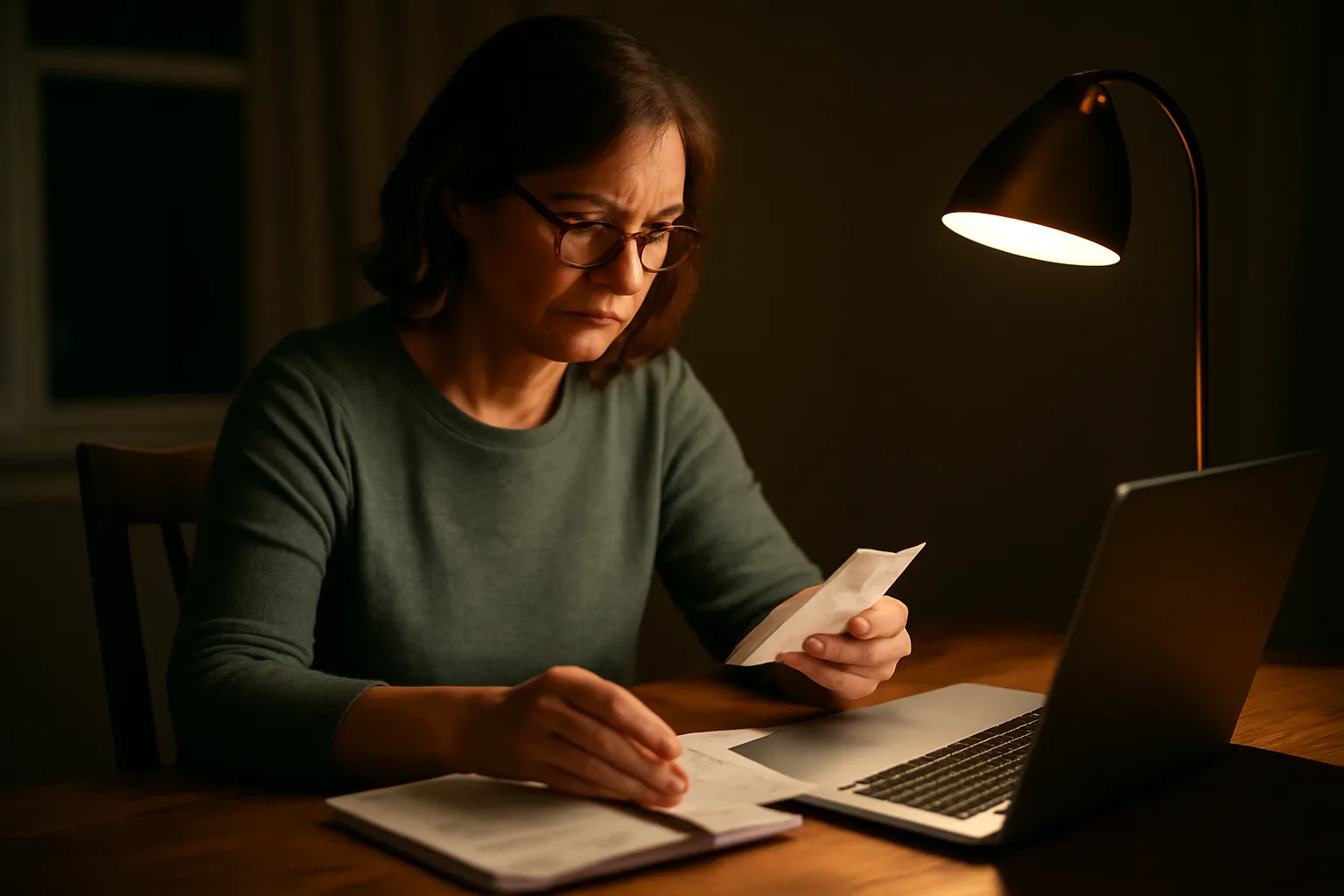 Volunteer treasurer filing the 990 e-file postcard at a kitchen table with receipts