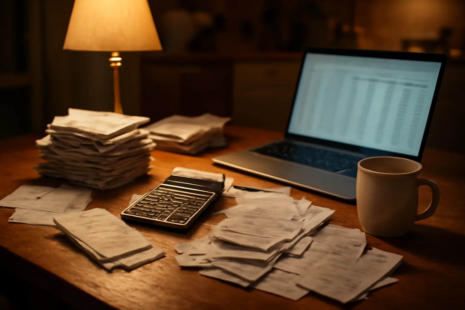 Treasurer's desk with receipts, calculator, and laptop during 990-EZ filing prep