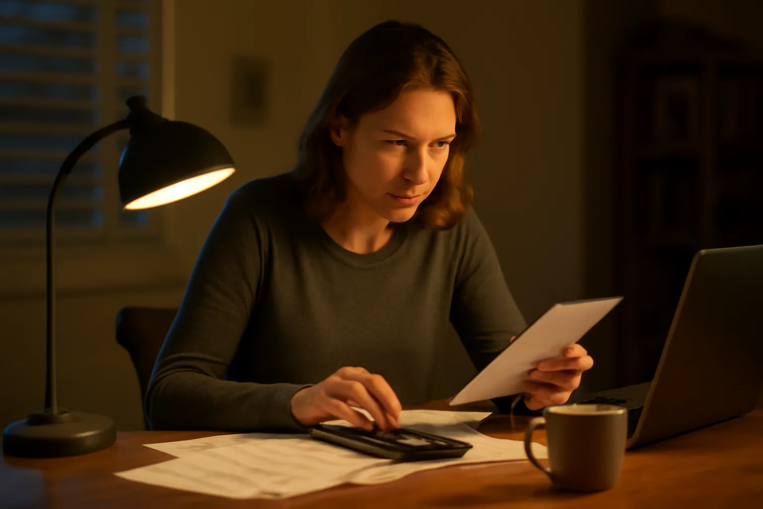 Volunteer treasurer reviewing bank statements and calculator at a home desk