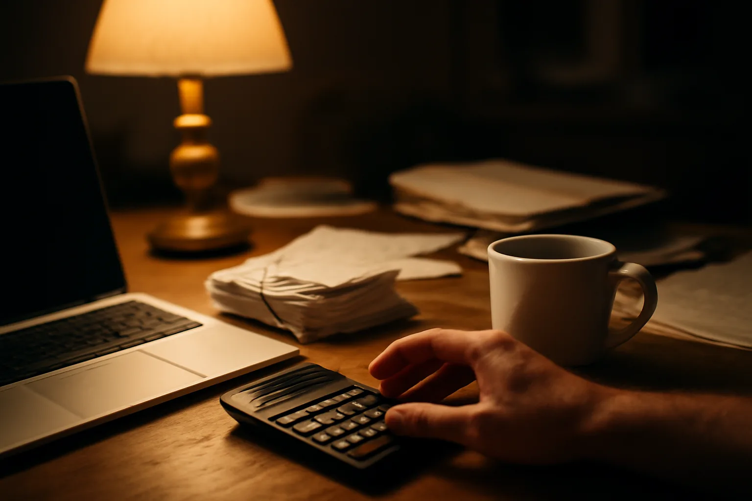 Volunteer treasurer working at a desk with receipts and a calculator at night