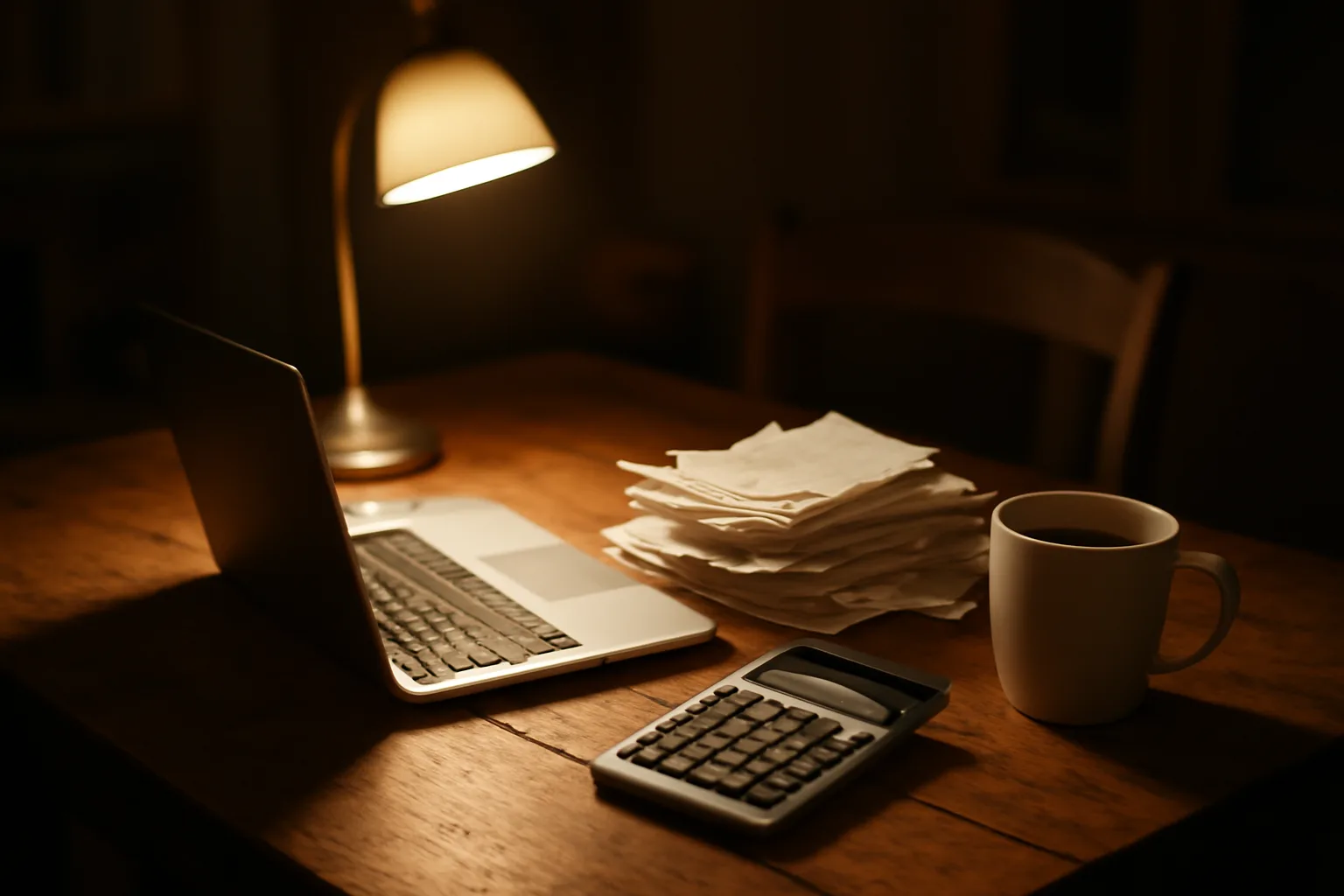 Volunteer treasurer working on nonprofit 990 filings at a kitchen table at night