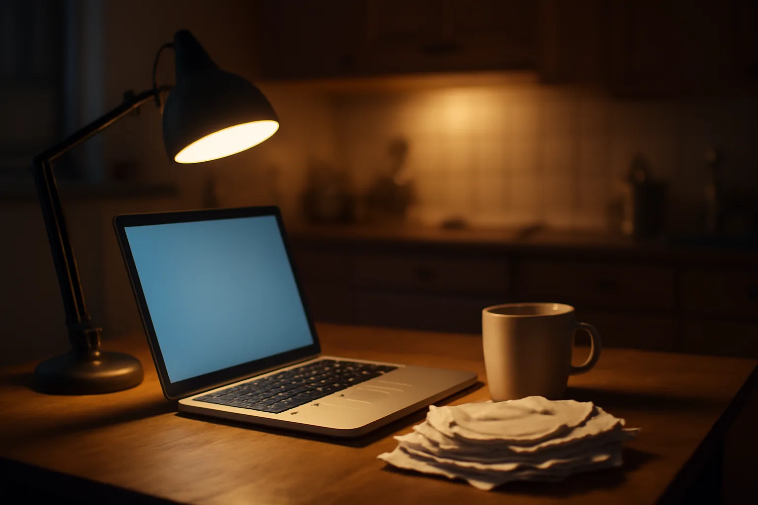 Volunteer treasurer working late at a kitchen table with receipts and laptop