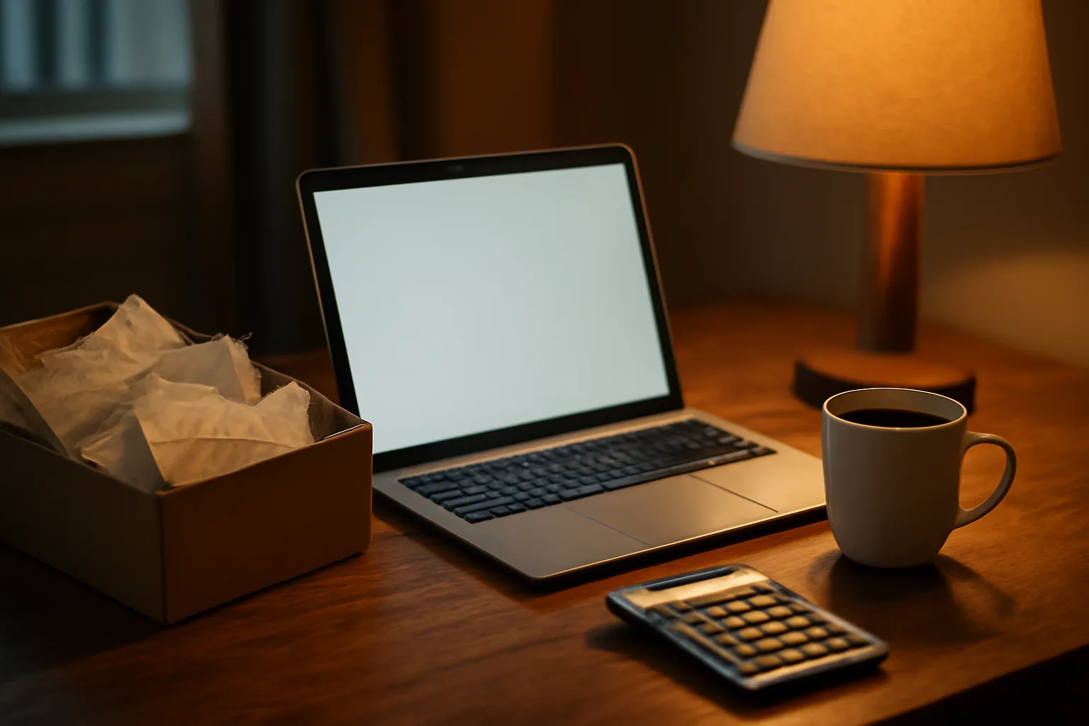 Kitchen table workspace with laptop, receipts, and calculator for 990-N e-postcard filing