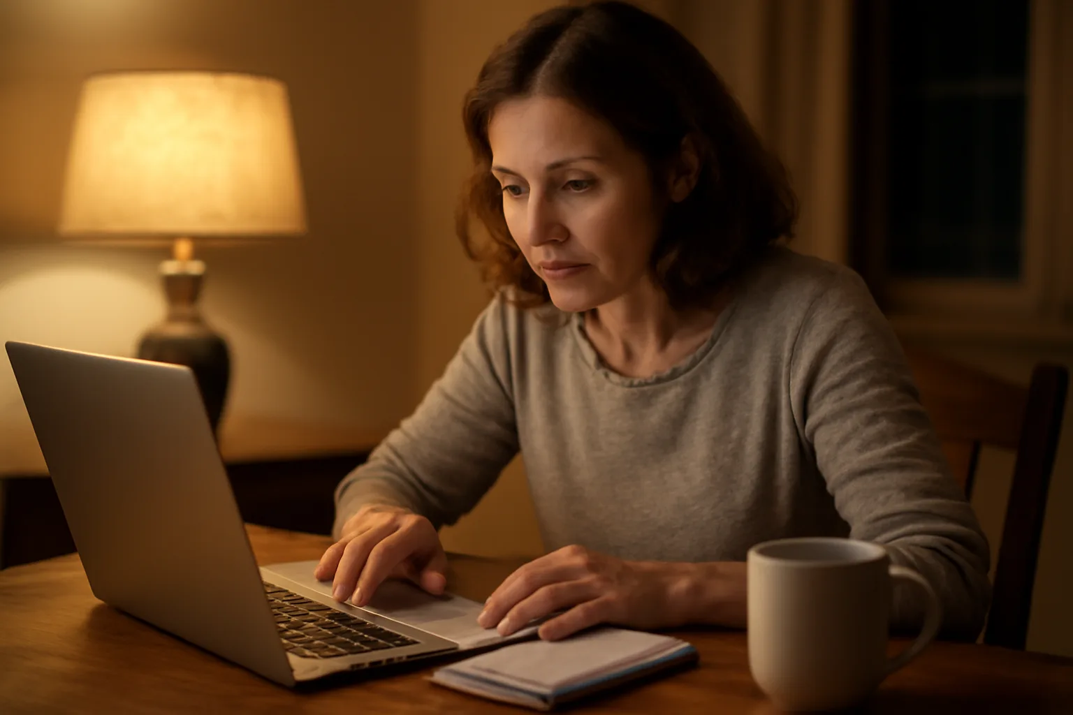 Volunteer treasurer working at a laptop late at night preparing nonprofit financial records