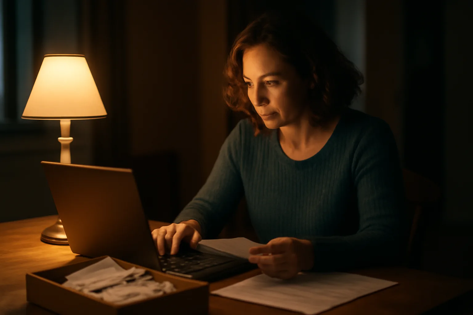 Volunteer treasurer working on a laptop at night preparing a 990-N filing login session
