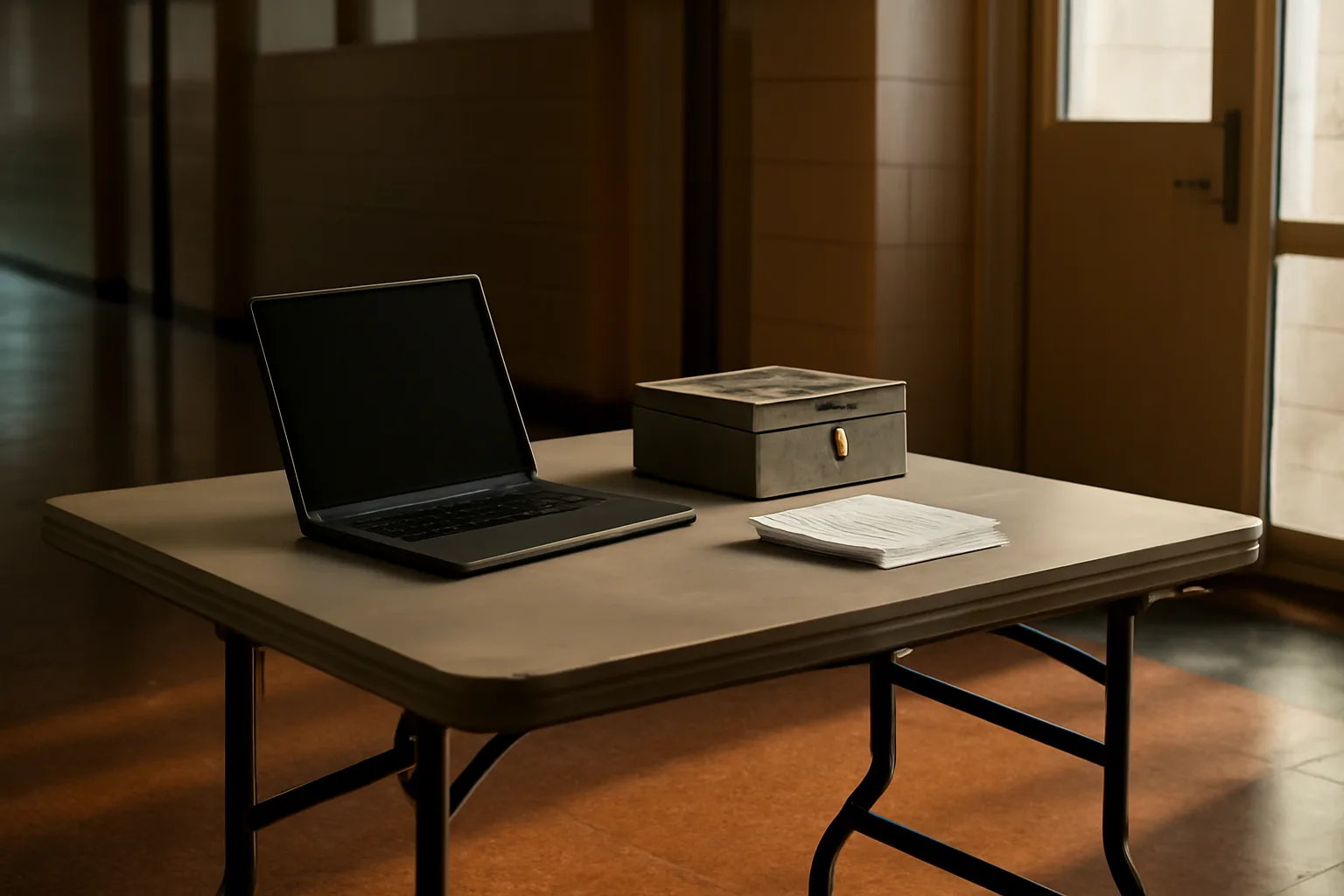 Laptop and cash box on a table, representing a 990-N lookup during treasurer recordkeeping