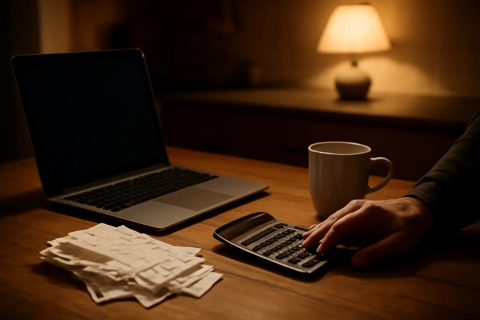 Volunteer treasurer reviewing receipts and a laptop at a kitchen table at night