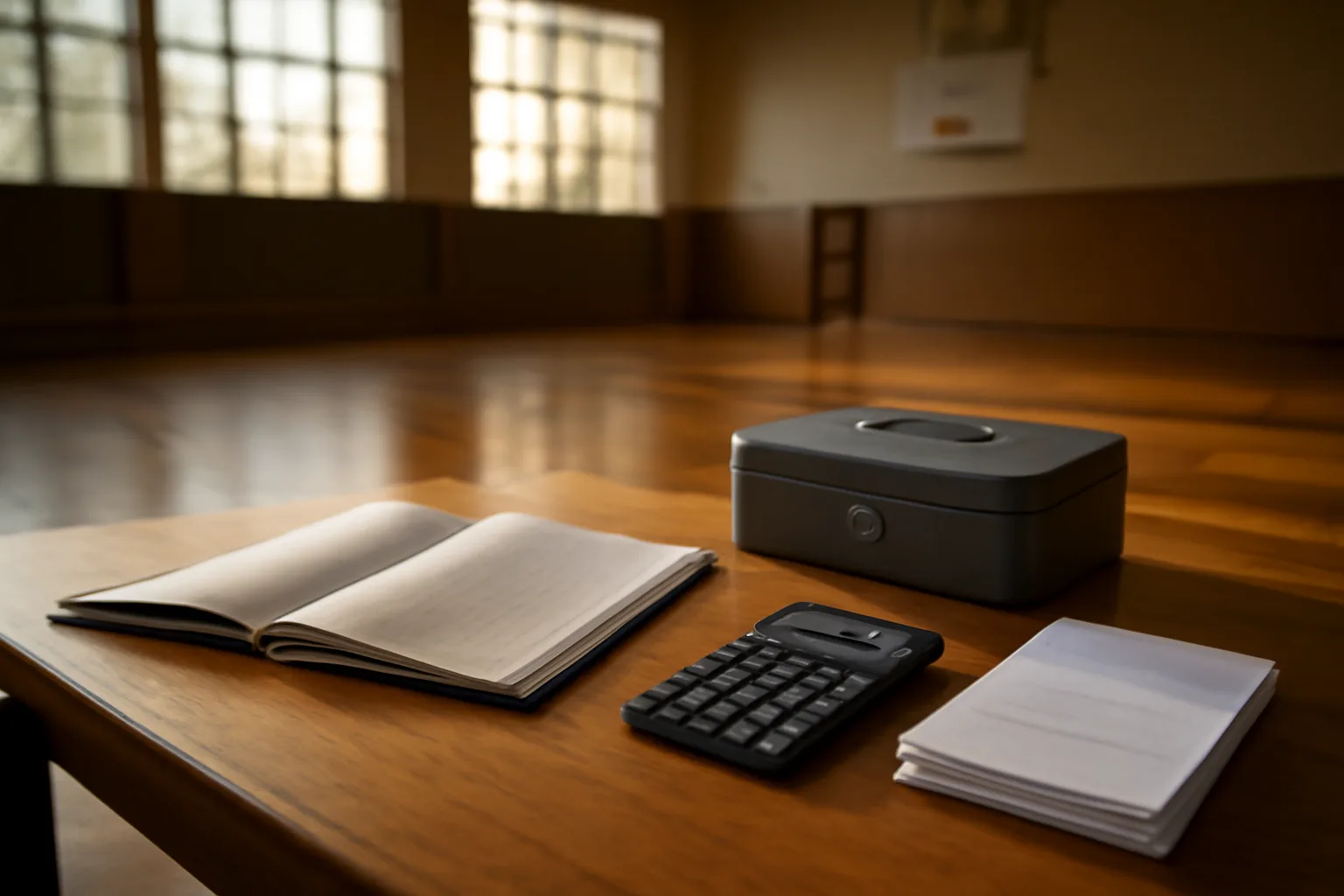 Volunteer treasurer's desk with ledger, calculator, and cash box before a 990 filing session
