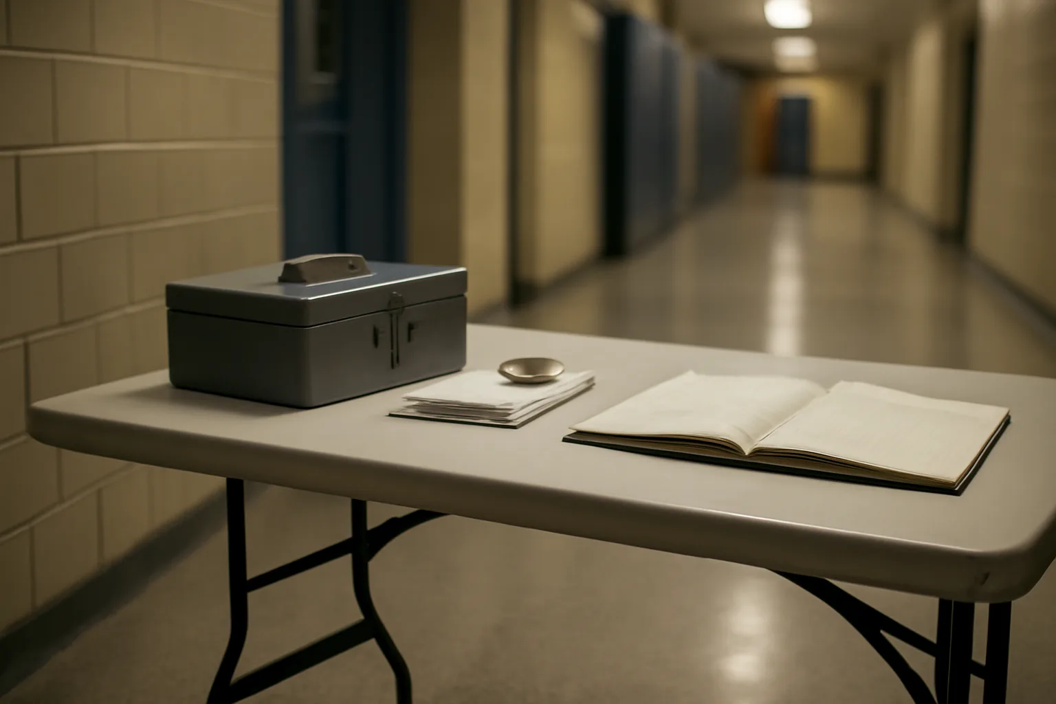 Folding table with cash box and receipts, illustrating booster club treasurer recordkeeping
