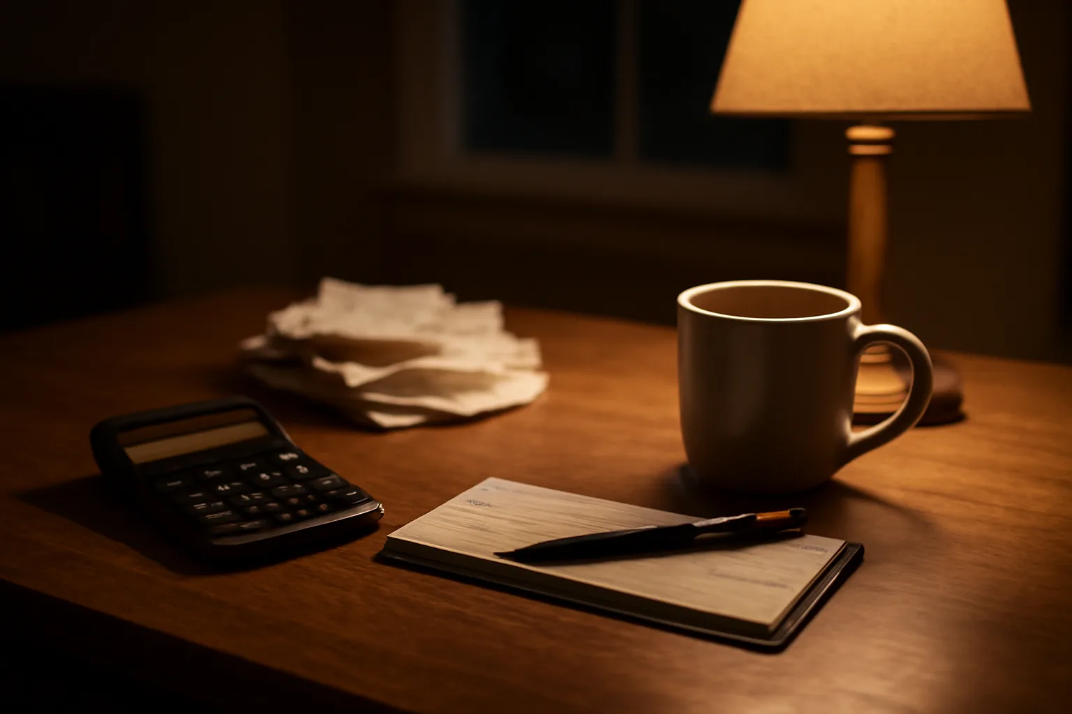 Treasurer's desk at night with calculator, receipts, and checkbook under lamp light