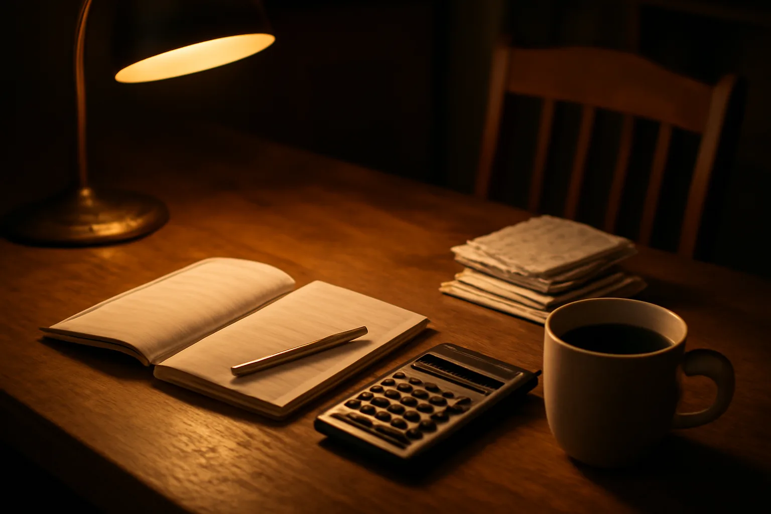 Desk lamp lighting a ledger, calculator, and receipts for a treasurer report