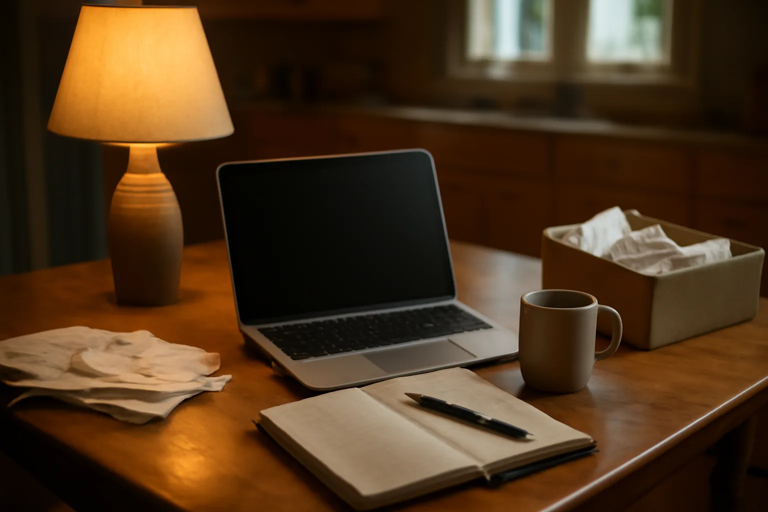 Volunteer treasurer's desk with laptop, notebook, and receipts under lamp light