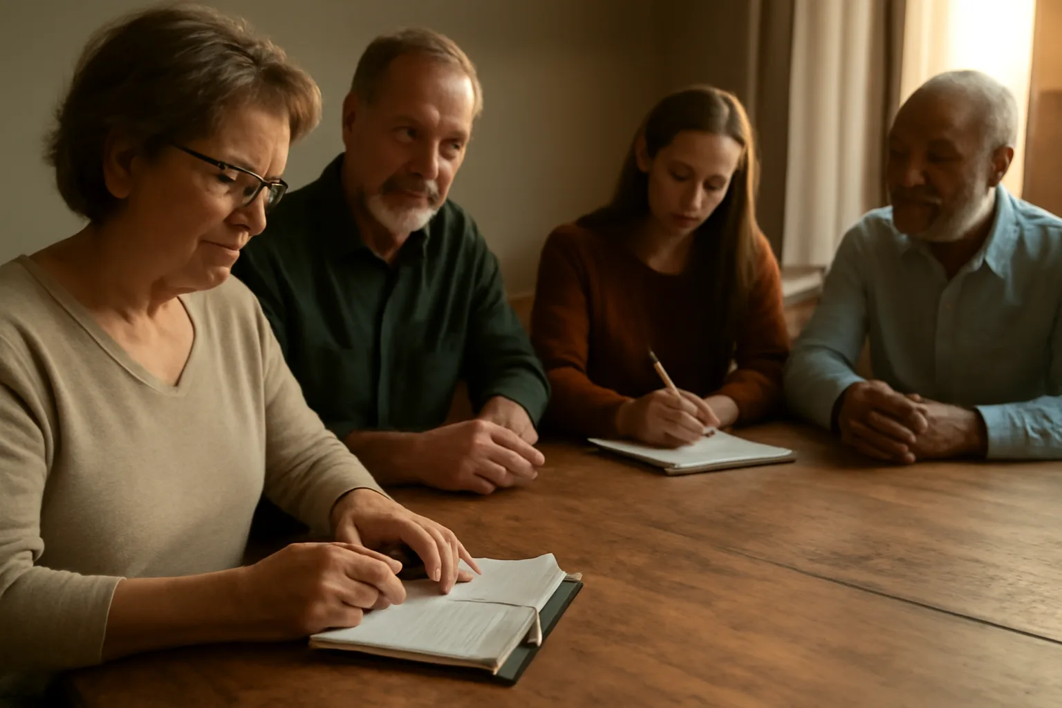 Two nonprofit volunteers reviewing financial records together at a meeting table