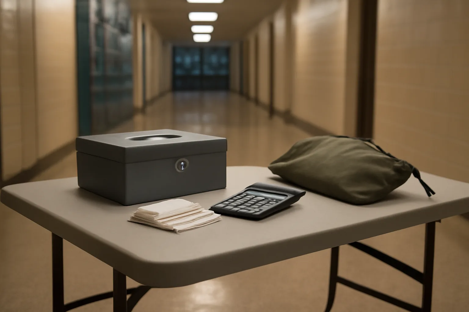 Cash box, receipts, and calculator on a table showing club treasurer responsibilities in action