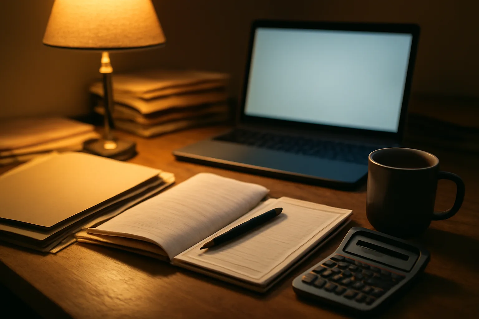 Volunteer treasurer's desk with bank ledger, folders, and calculator under lamp light