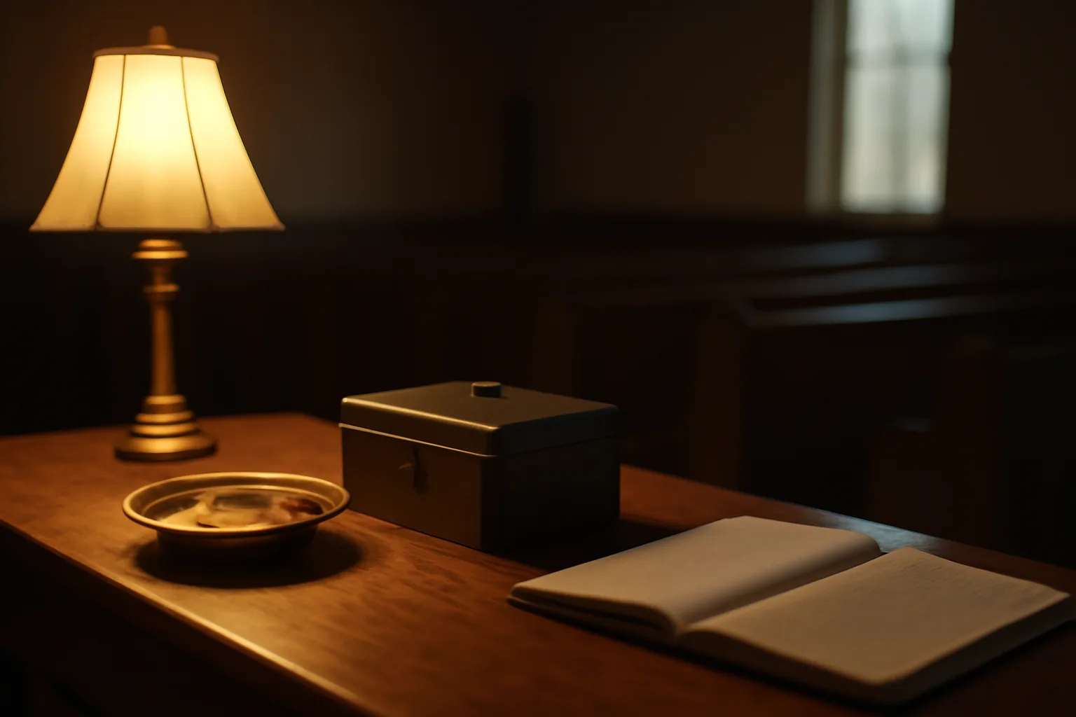 Church offering table with collection plates and a cash box under warm lamp light