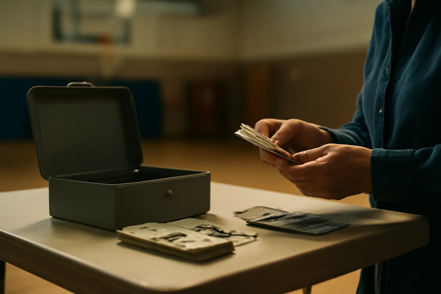 Volunteer counting cash into a metal box at a school fundraiser table