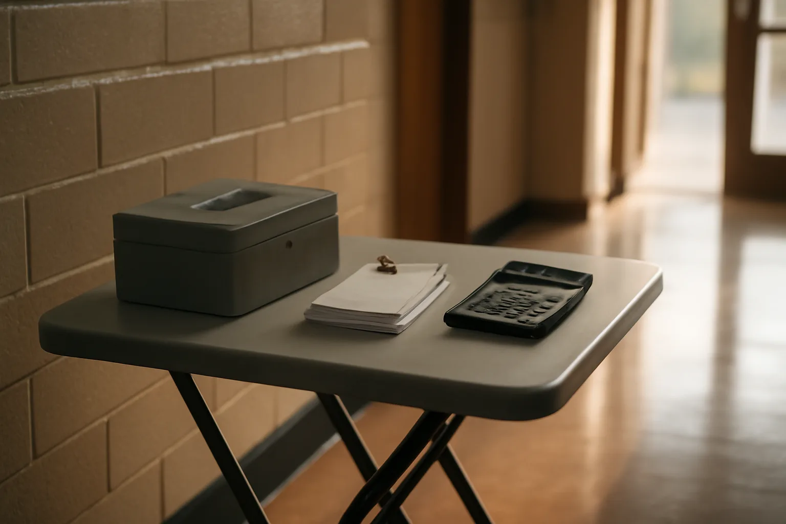 Cash box, receipts, and calculator on a table, showing nonprofit treasurer duties