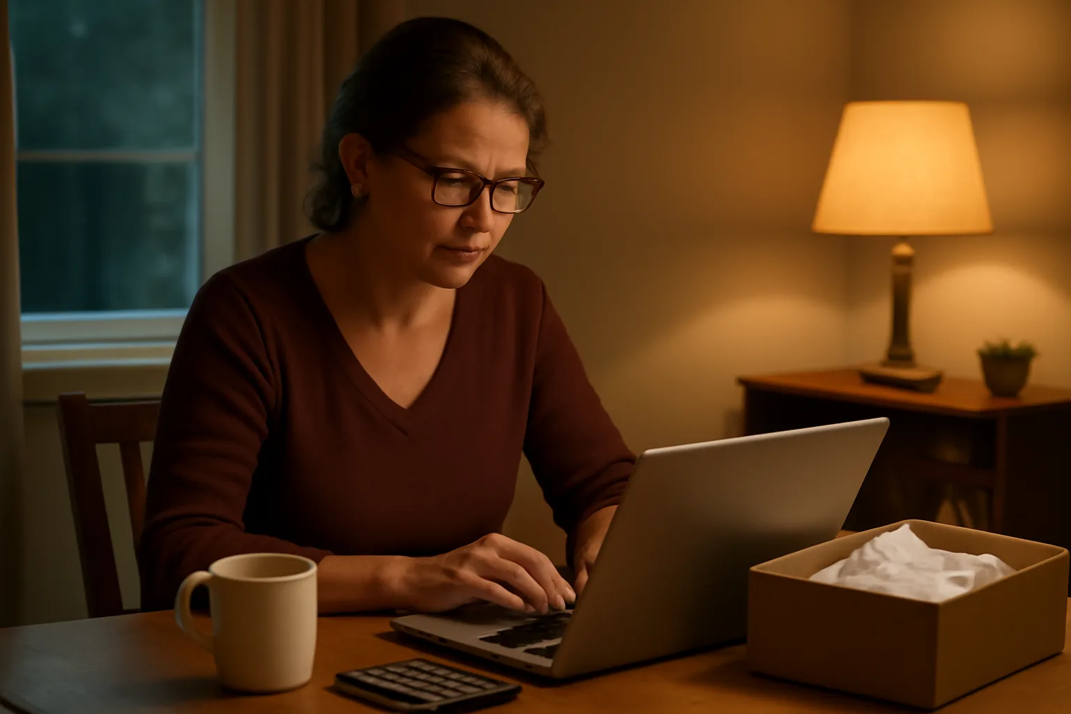 Volunteer treasurer working on laptop at home with receipts and calculator nearby