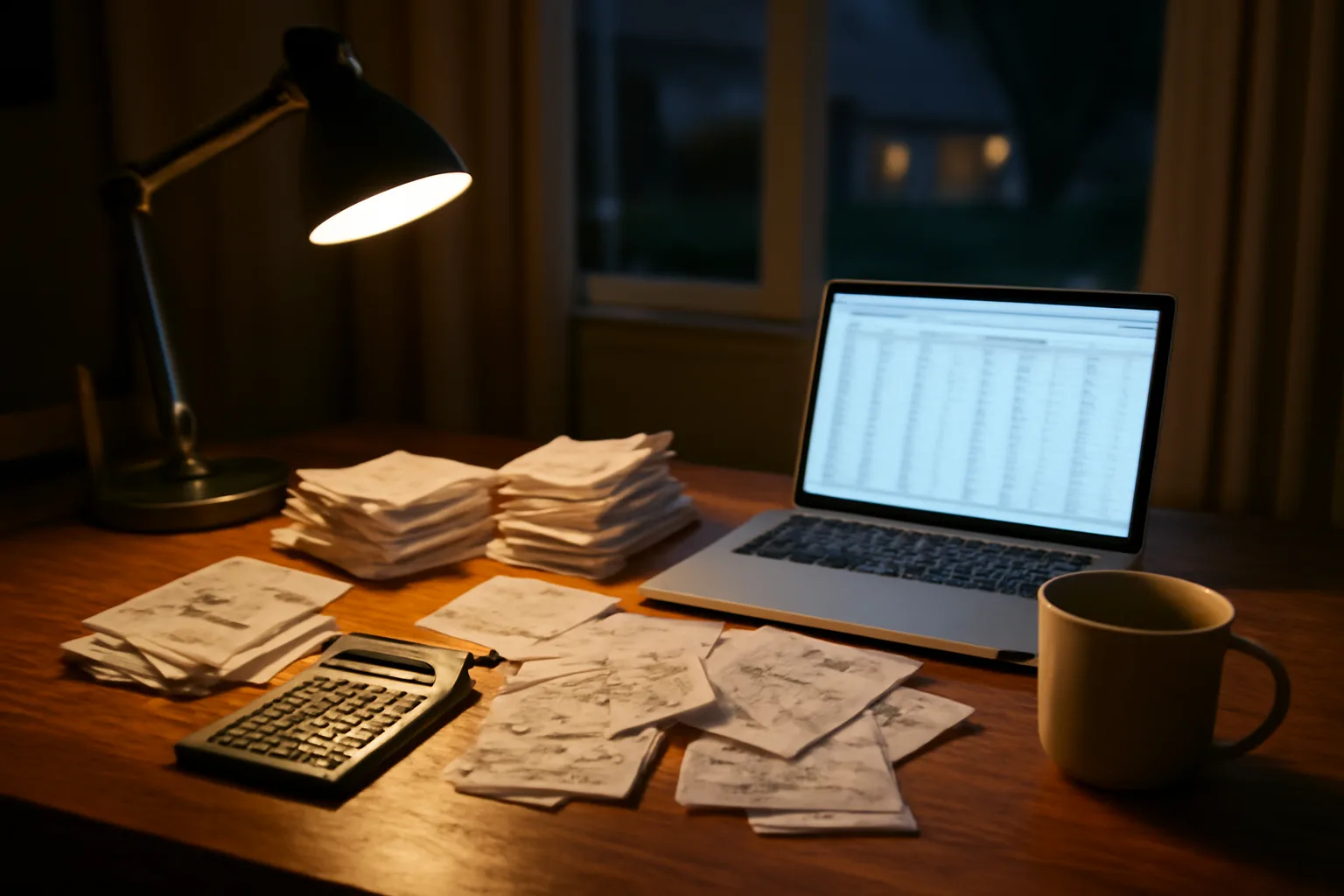 Volunteer treasurer sorting receipts and a laptop while preparing to file form 990-EZ