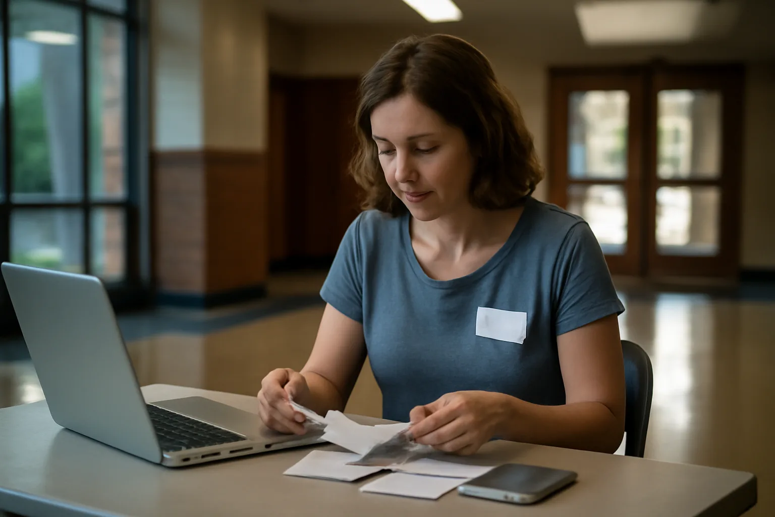 Volunteer treasurer reviewing receipts and a laptop at a folding table