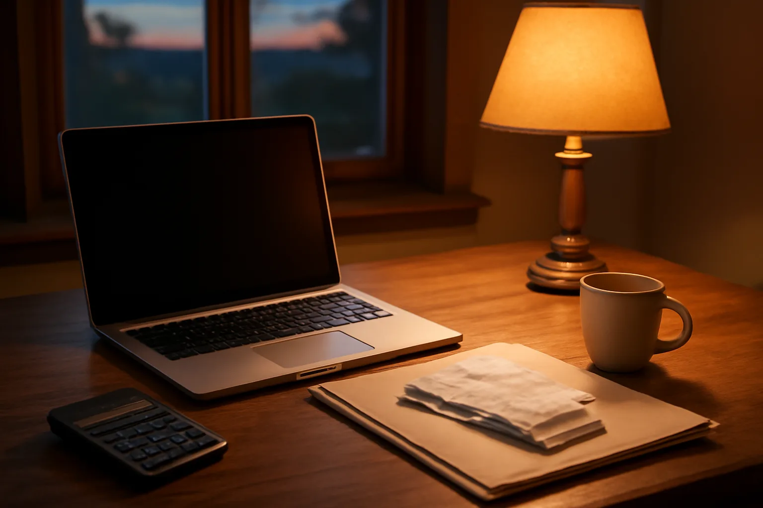 Volunteer treasurer's desk with laptop, calculator, and receipts for 990-N filing