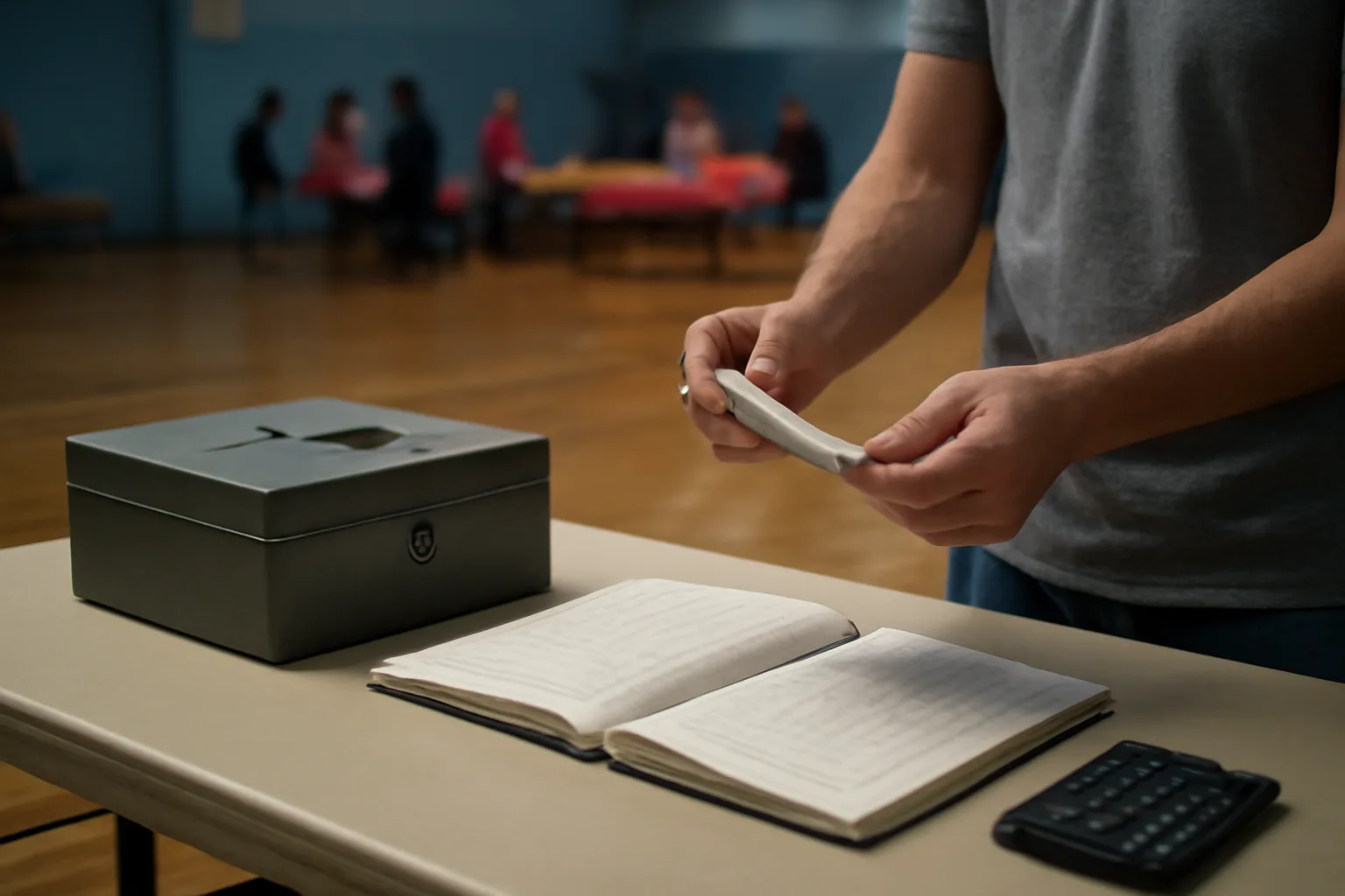 Volunteer treasurer sorting receipts and a cash box at a school fundraiser table