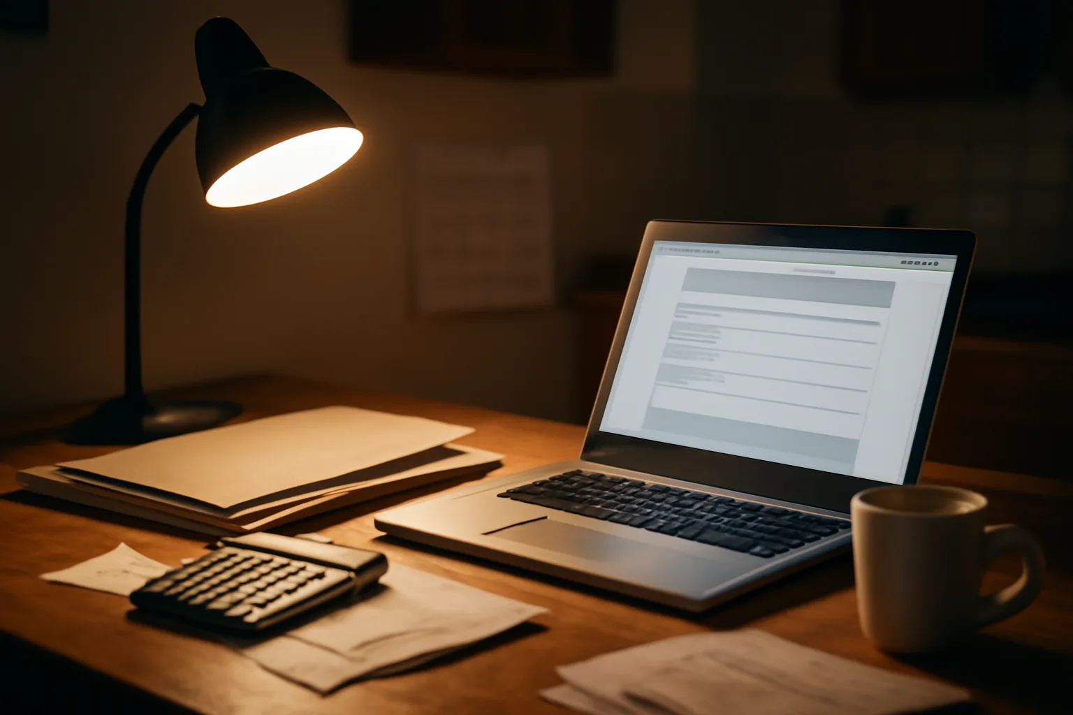 Volunteer treasurer at kitchen table filing form 990-N late at night