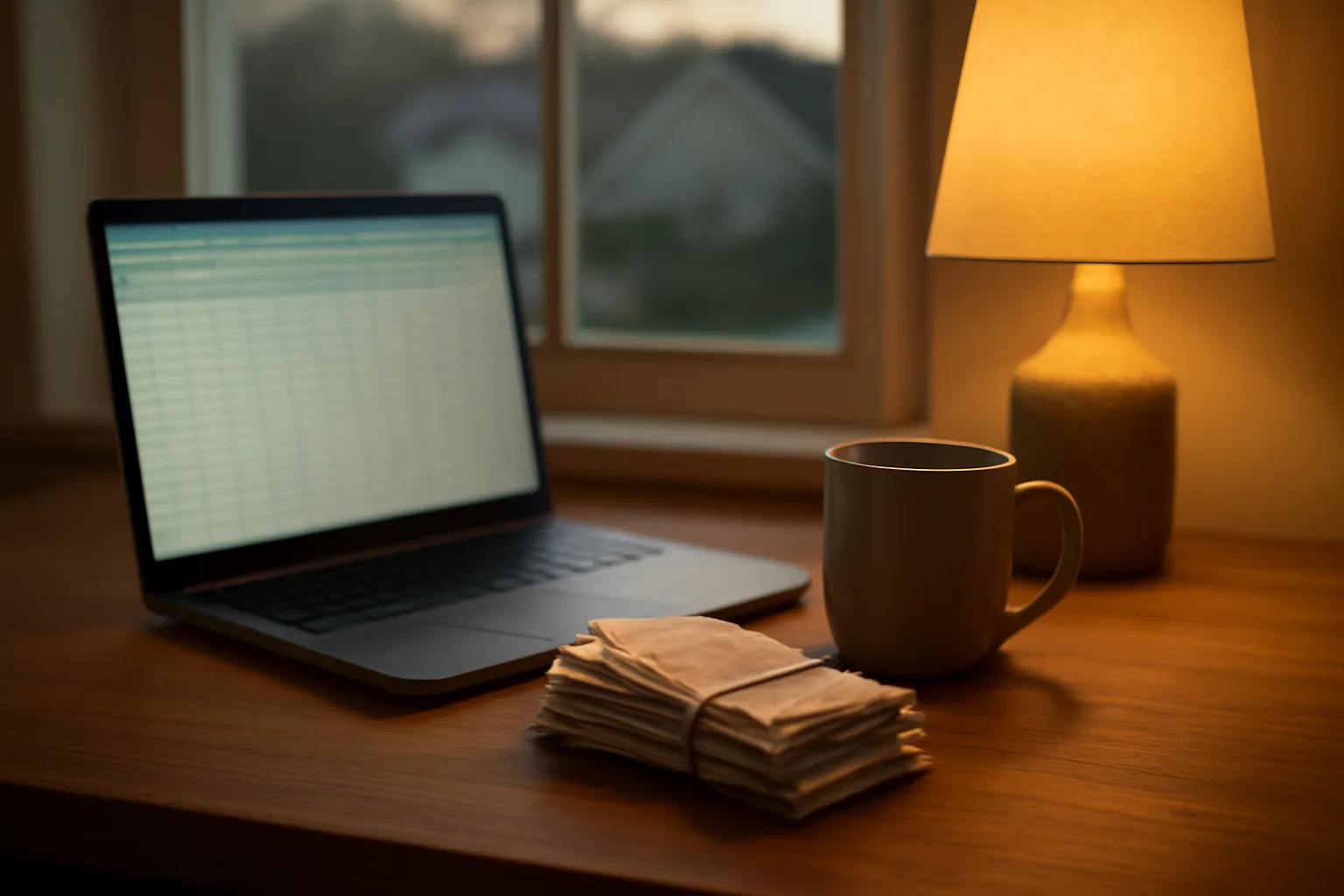 Volunteer treasurer's desk with laptop and receipts, preparing a 990-N filing at night