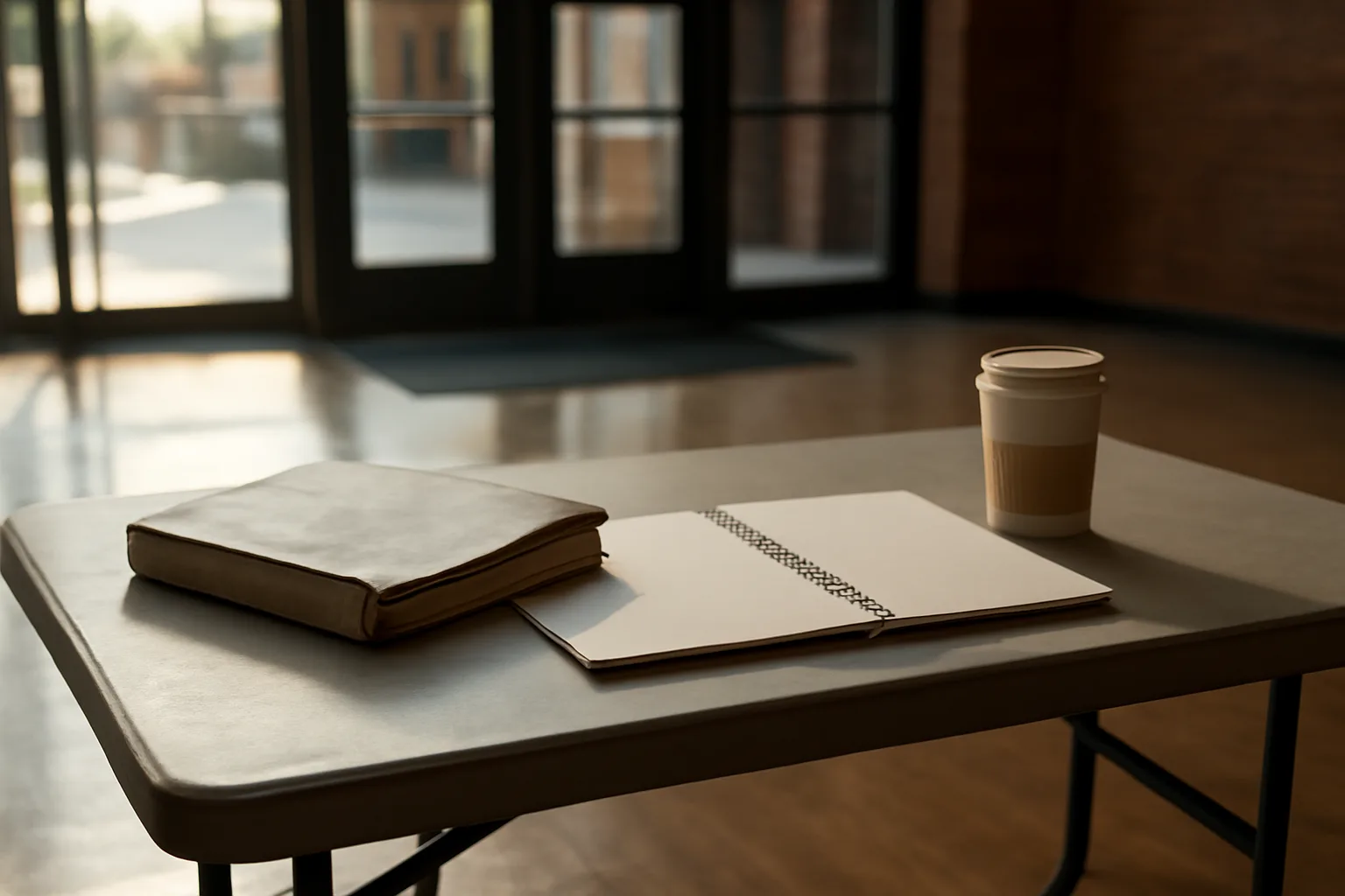 Binder and notebook on a table in a gym lobby, representing booster club bylaws paperwork