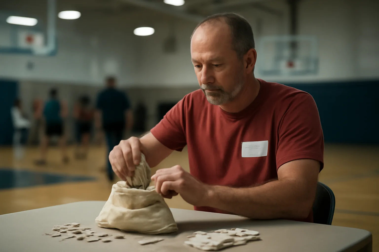 volunteer treasurer counting cash at a folding table during a school fundraiser