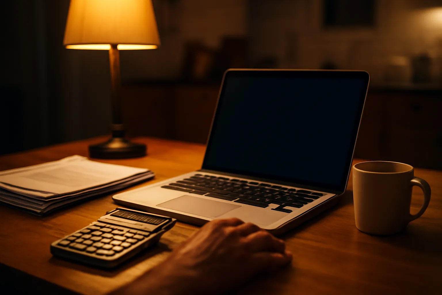 Volunteer treasurer filing paperwork at a kitchen table at night