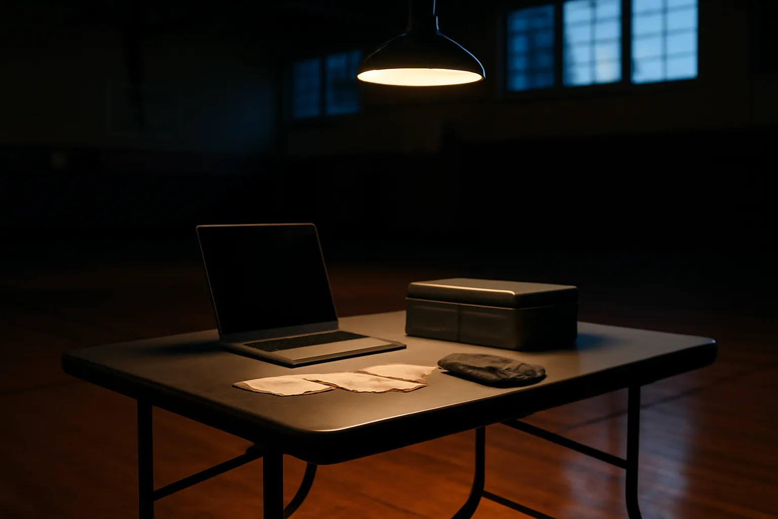 Laptop, cash box, and receipts on a folding table for filing IRS 990-N