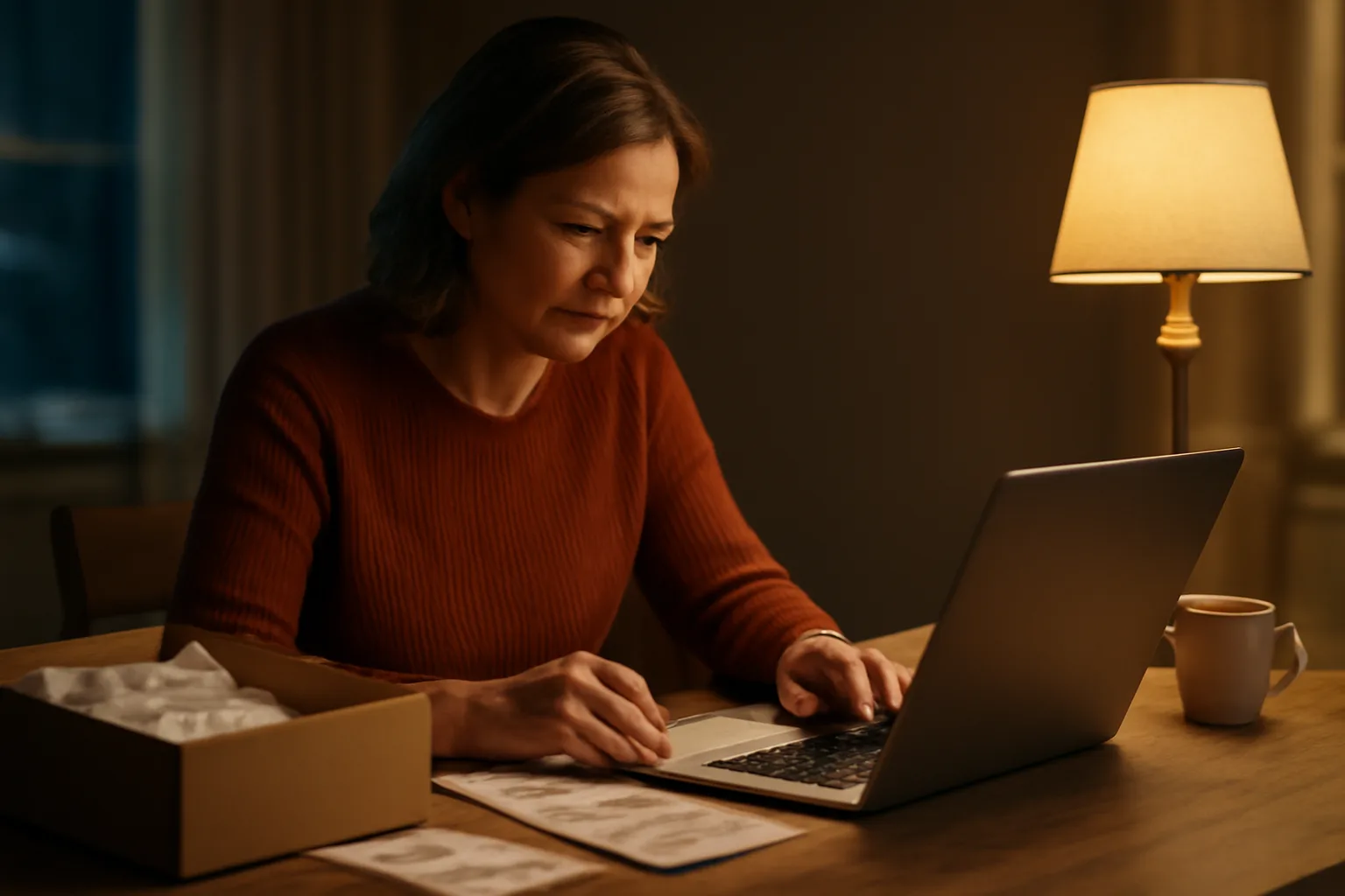 Volunteer treasurer reviewing receipts and a laptop at a kitchen table at night