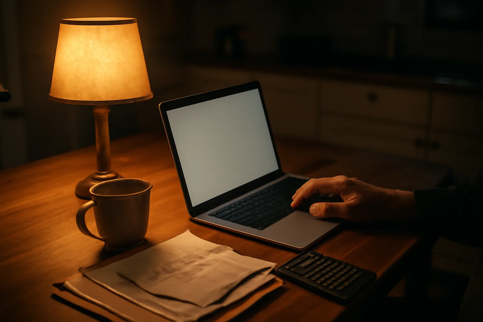 Volunteer treasurer working on nonprofit filings at a kitchen table at night