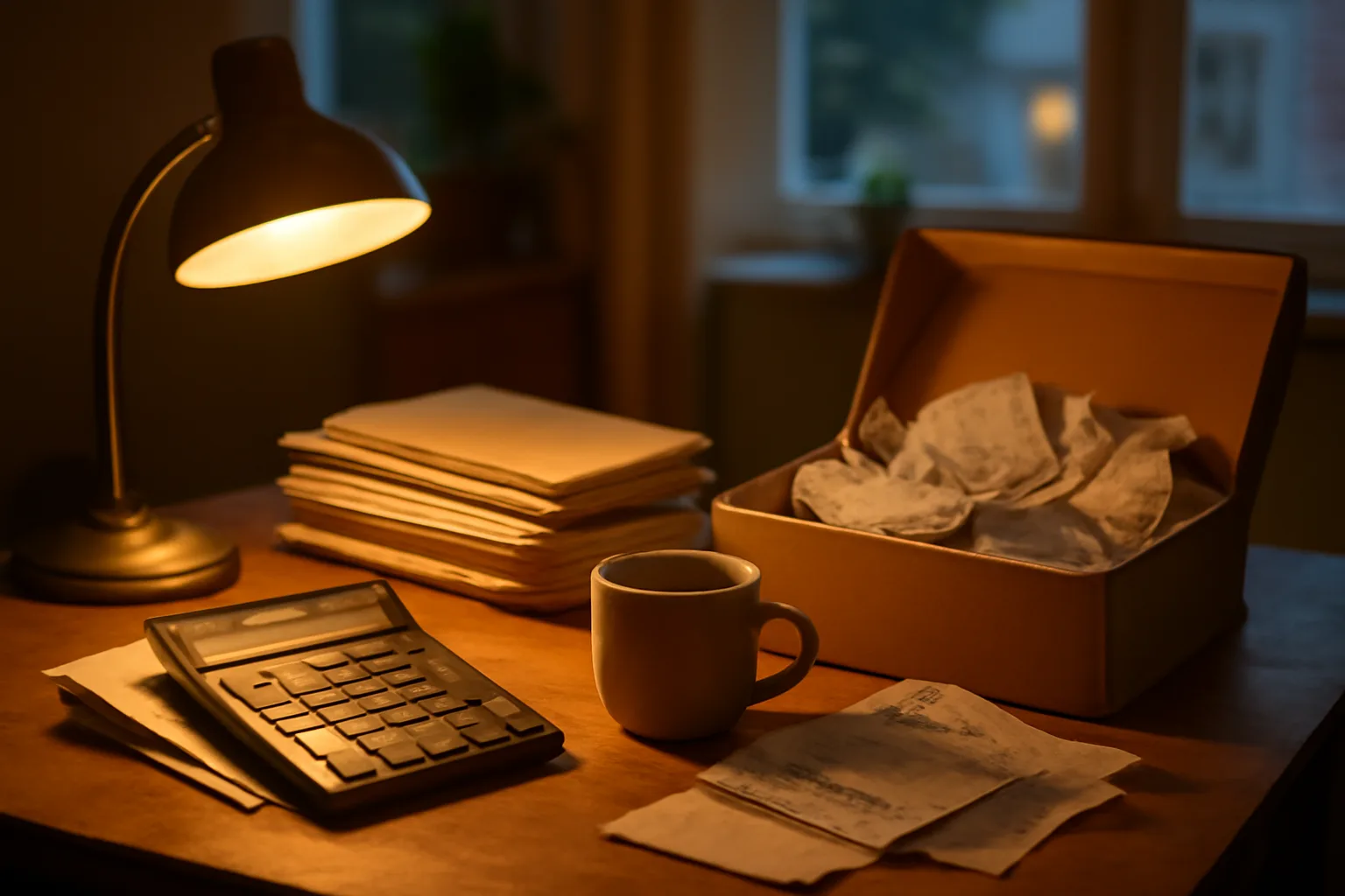 Desk scene with receipts, calculator, and shoebox representing booster club treasurer filing IRS 990 paperwork