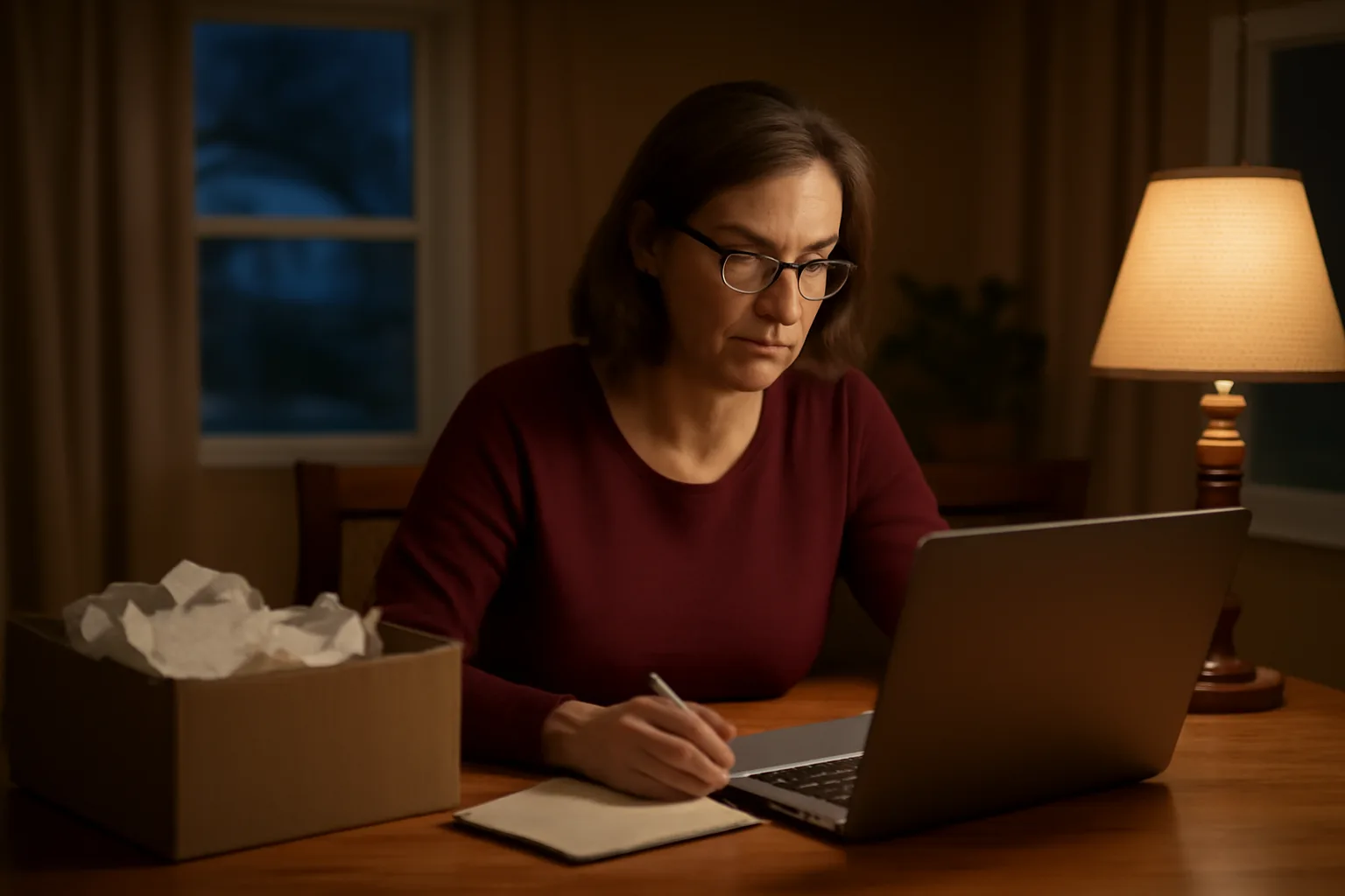 Volunteer treasurer working on laptop with receipts and checkbook at kitchen table