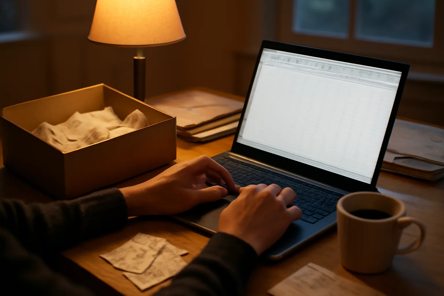 Volunteer treasurer's desk with laptop, receipts, and coffee at night