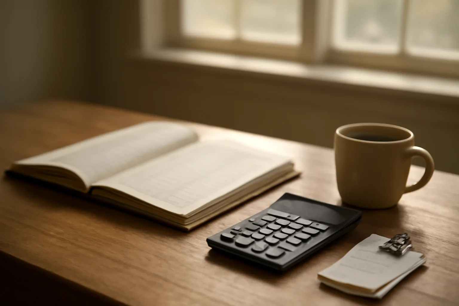Desk scene showing a nonprofit treasurer's ledger, receipts, and calculator in morning light