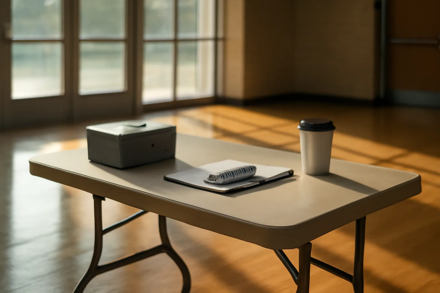 cash box and notebook on a folding table showing treasurer duties before an event