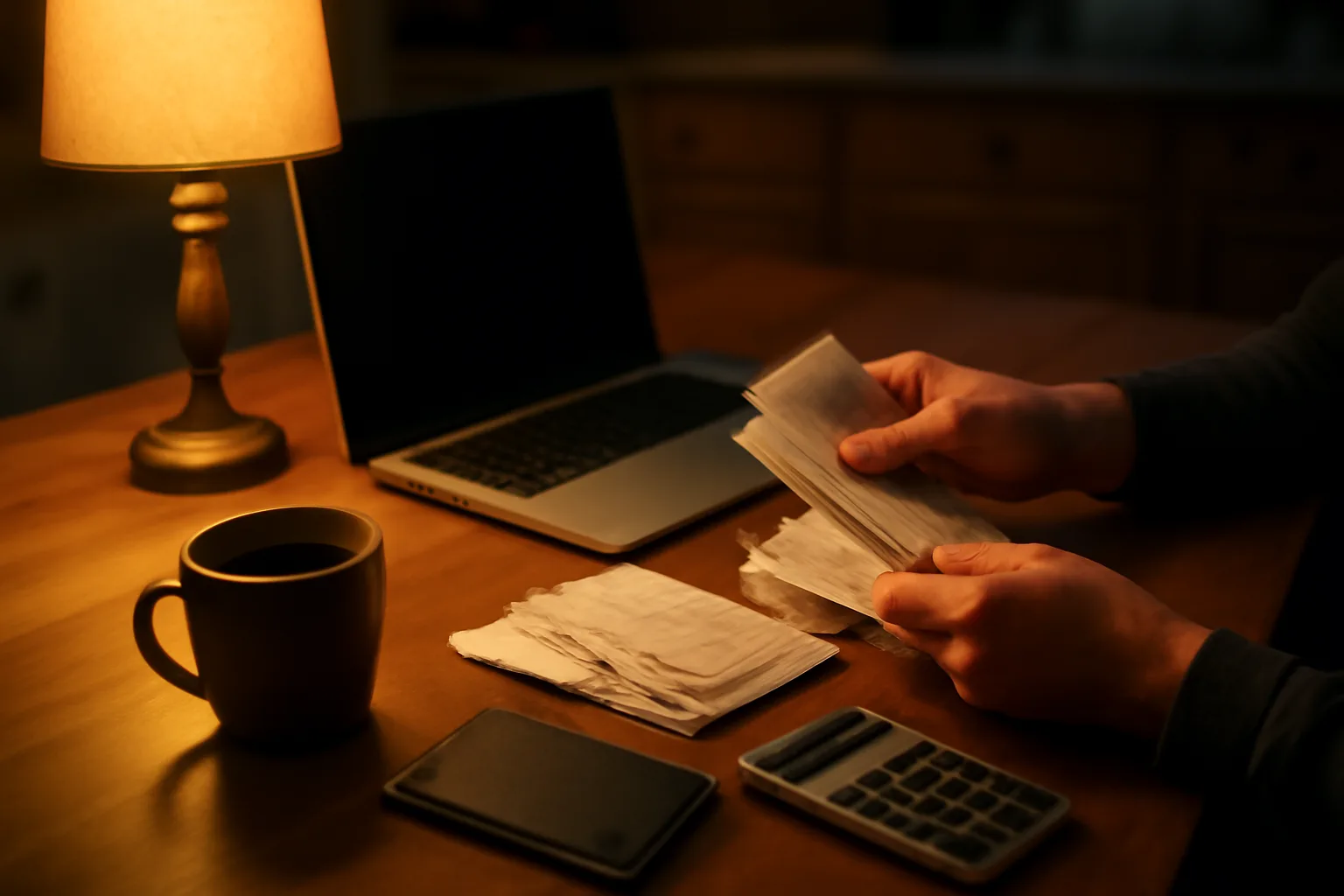 volunteer treasurer sorting receipts and reviewing records at a kitchen table at night