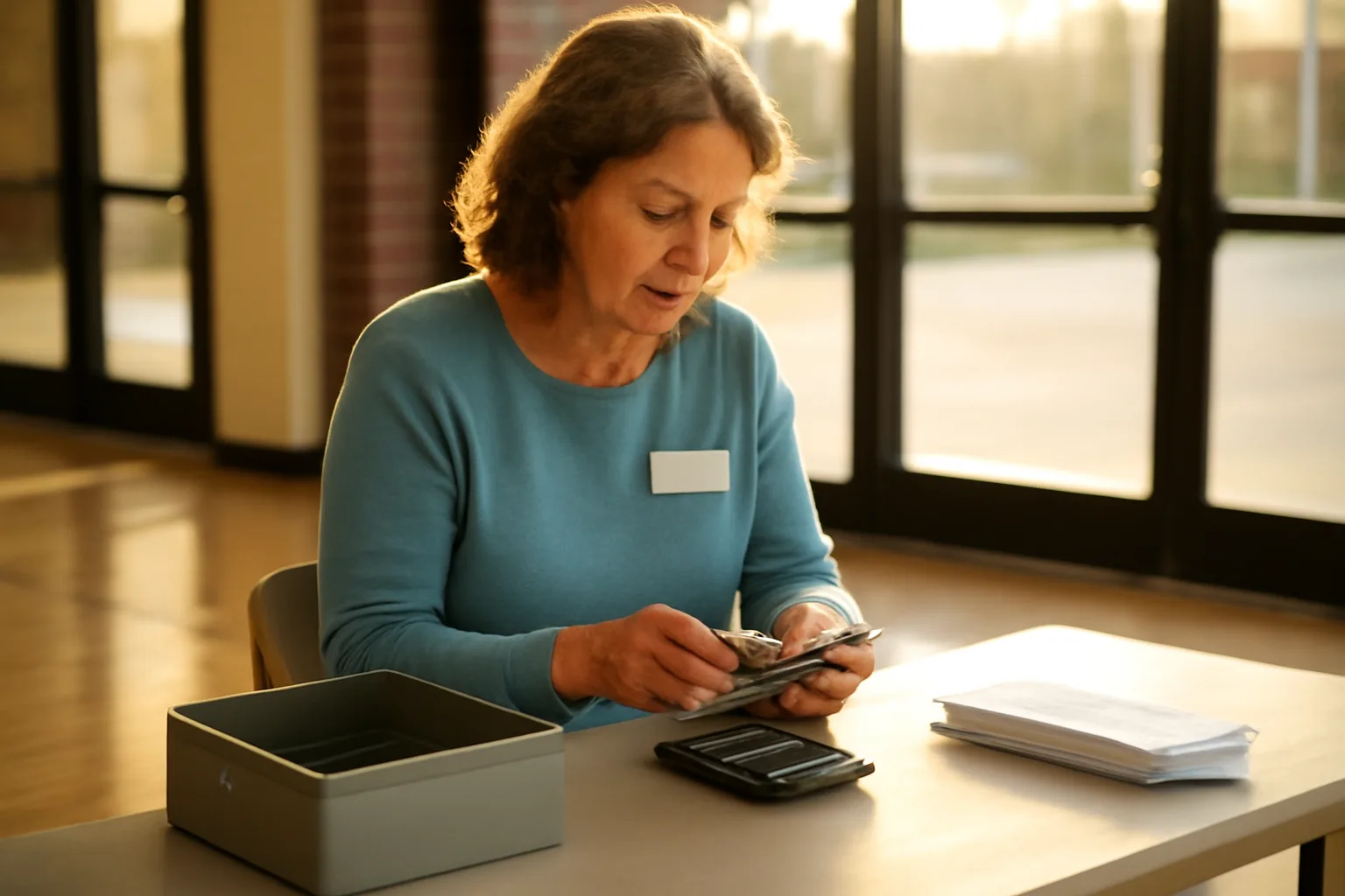 Volunteer nonprofit treasurer counting cash at a folding table during an event