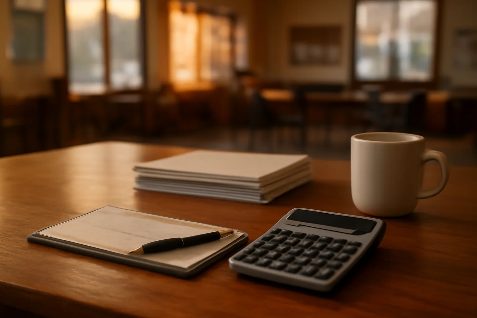 Desk with calculator, checkbook, and bank statements representing nonprofit treasurer duties