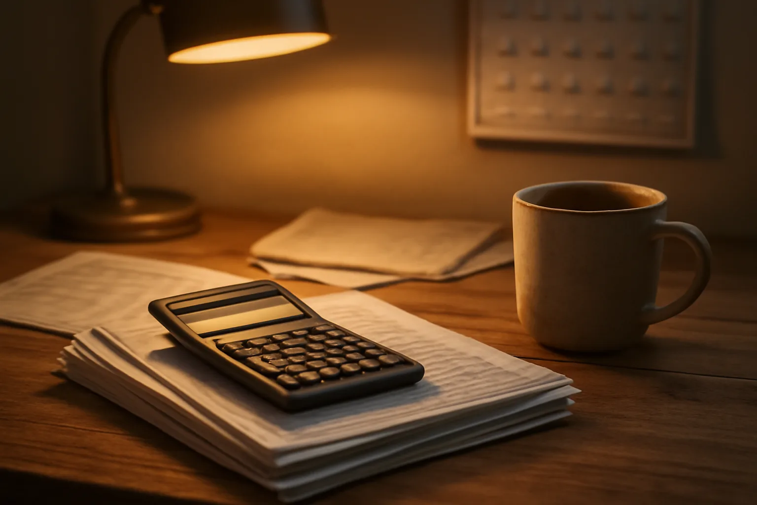Volunteer treasurer's desk with calculator and papers under warm lamp light