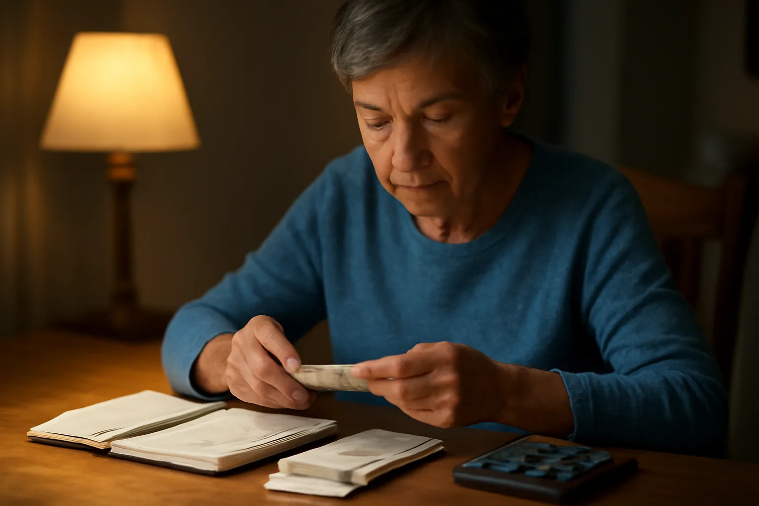 Volunteer treasurer sorting receipts and reconciling a checkbook ledger at a kitchen table