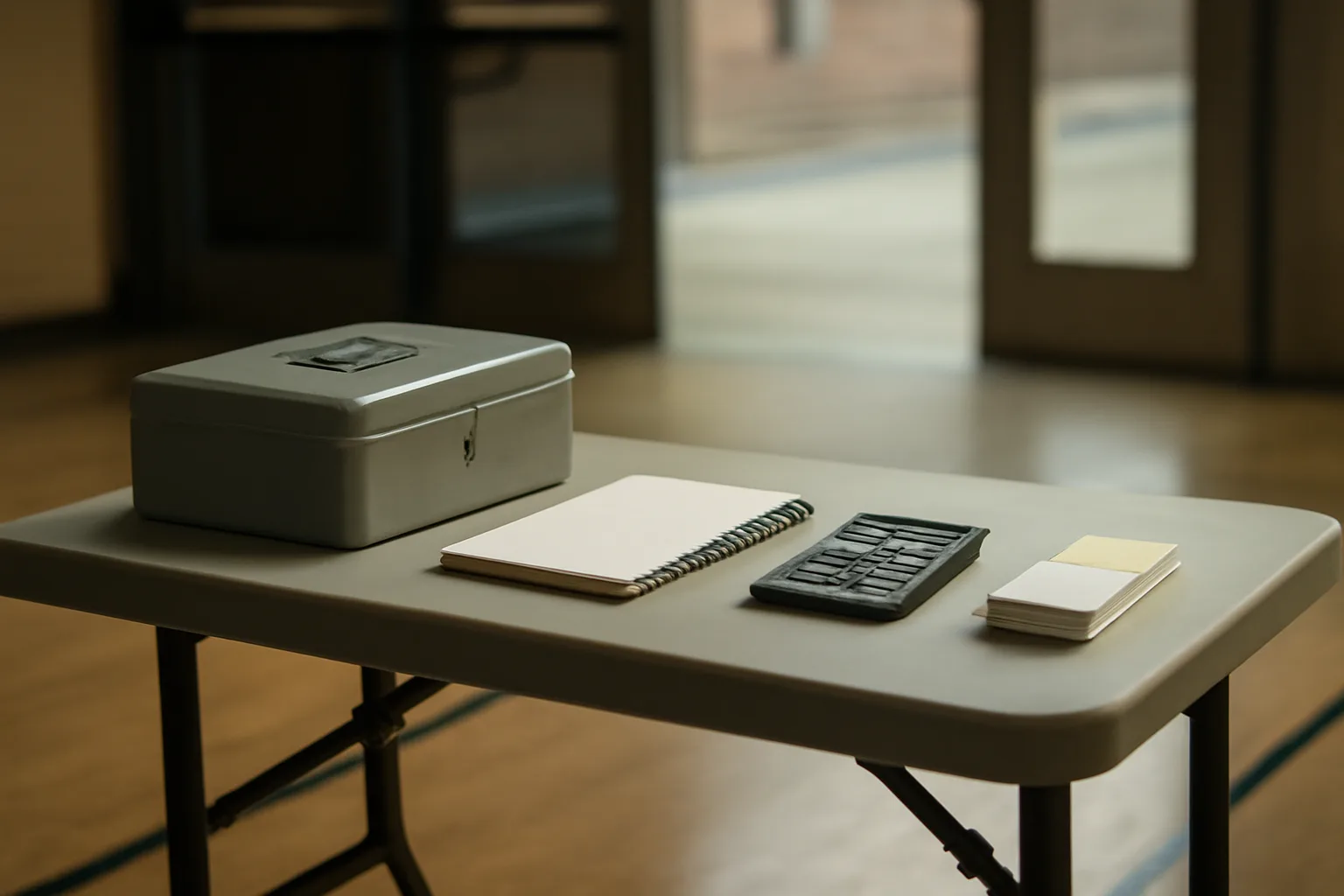 Volunteer treasurer's cash box and ledger set up at a school fundraiser table