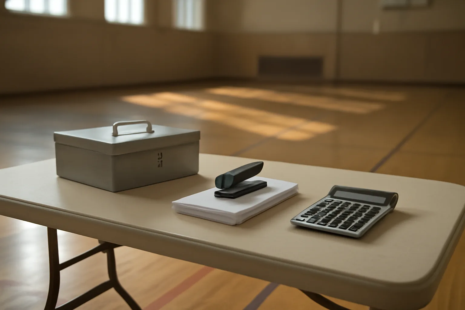 cash box and receipts on a folding table, representing nonprofit treasurer recordkeeping