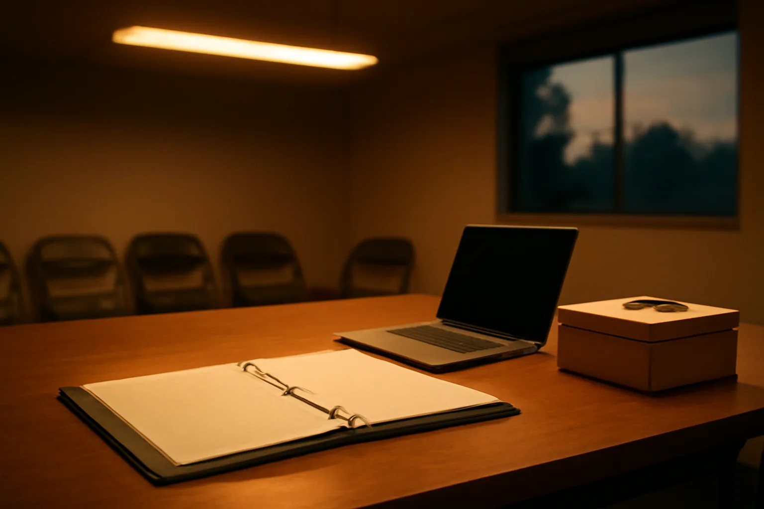 Meeting room table with a binder and cash box representing booster club bylaws review