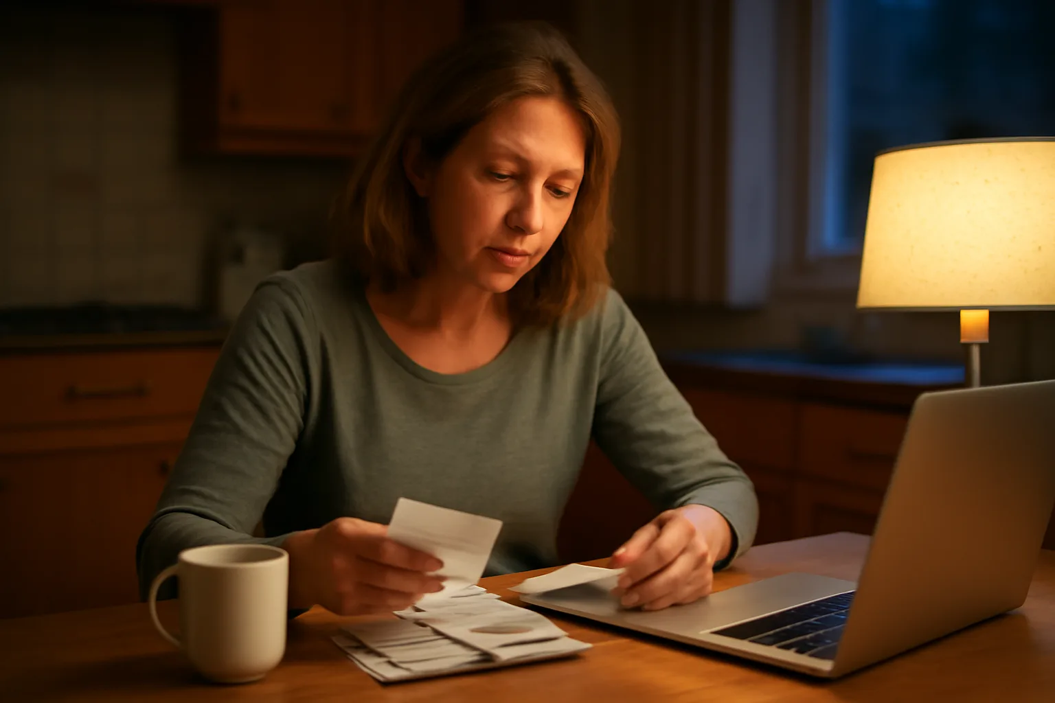 Volunteer treasurer sorting receipts and a checkbook at a kitchen table
